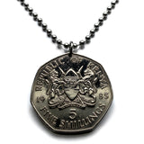 1985 Kenya 5 Shillings coin pendant Kenyan lions Nairobi East African shield Bantu Kikuyu Luhya Kalenjin Kiswahili Lamu KANU safari n001547