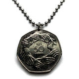 1973 United Kingdom 50 Pence coin pendant Circle of nine hands European Economic Community Treaty of Rome England London Manchester k000030