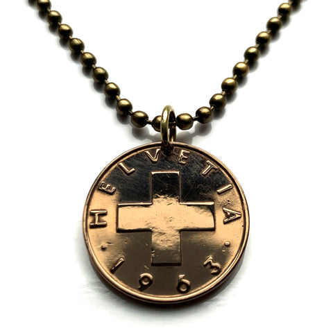 1963 Switzerland Helvetia 2 Rappen coin pendant Swiss cross Zurich Bern Geneva Basel Lausanne Winterthur Lucerne St. Gallen Lugano Biel Bienne Thun Bellinzona Köniz La Chaux-de-Fonds Fribourg Lauterbrunnen Vernier Chur Uster Vaud Aargau Ticino n001291