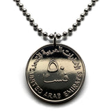 1973 United Arab Emirates 50 Fils coin pendant oil derricks Dubai Abu Dhabi Sharjah Al Ain Ajman Ras Al Khaimah Fujairah Umm Al Quwain Dibba Al-Fujairah Khor Fakkan Bani Yas Julfar Hawk of Quraish Persian Gulf Kufic Trucial Sheikhdoms n000457