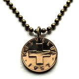 1957 Switzerland Helvetia 1 Rappen coin pendant necklace jewelry Swiss cross Zurich Bern Geneva Basel Lausanne Winterthur Lucern Lugano Vaud Aargau Biel Bienne Thun Fribourg Schaffhausen St Gallen Alpine Swiss Alps n001459