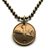 1957 Switzerland Helvetia 1 Rappen coin pendant necklace jewelry Swiss cross Zurich Bern Geneva Basel Lausanne Winterthur Lucern Lugano Vaud Aargau Biel Bienne Thun Fribourg Schaffhausen St Gallen Alpine Swiss Alps n001459