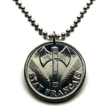 1943 French Vichy State France 2 Francs coin pendant The Francisque Labrys double axe WWII World War 2 Nazi Germany occupation Allier Massif Central Clermont-Ferrand Auvergne Rhône Alpes Cher Nièvre Saône Loire Paris Marshal Philippe Pétain n003649