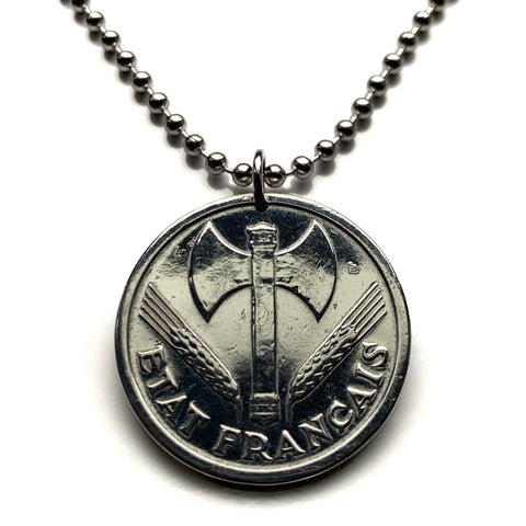 1943 French Vichy State France 2 Francs coin pendant The Francisque Labrys double axe WWII World War 2 Nazi Germany occupation Allier Massif Central Clermont-Ferrand Auvergne Rhône Alpes Cher Nièvre Saône Loire Paris Marshal Philippe Pétain n003649