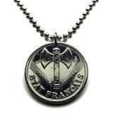 1943 French Vichy State France 2 Francs coin pendant The Francisque Labrys double axe WWII World War 2 Nazi Germany occupation Allier Massif Central Clermont-Ferrand Auvergne Rhône Alpes Cher Nièvre Saône Loire Paris Marshal Philippe Pétain n003649