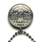 1943 French Vichy State France 2 Francs coin pendant The Francisque Labrys double axe WWII World War 2 Nazi Germany occupation Allier Massif Central Clermont-Ferrand Auvergne Rhône Alpes Cher Nièvre Saône Loire Paris Marshal Philippe Pétain n003649