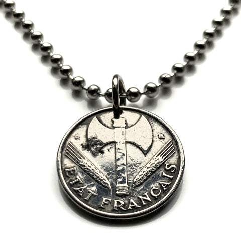 1943 France 50 Centimes French coin pendant double axe Labrys World War 2 era Paris Marseille Lyon Toulouse Lille Rennes Reims Havre Toulon n003951