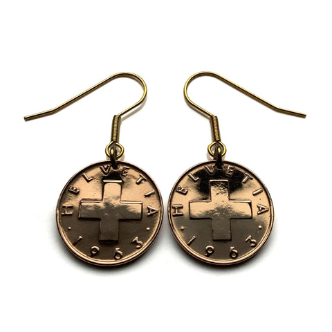 Switzerland Helvetia 2 Rappen coin earrings Swiss cross Zurich Bern Geneva Basel Lausanne Winterthur Lucerne St. Gallen Lugano Biel Bienne Thun Bellinzona Köniz La Chaux-de-Fonds Fribourg Lauterbrunnen Vernier Chur Uster Vaud Aargau Ticino e000578