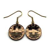 Switzerland Helvetia 2 Rappen coin earrings Swiss cross Zurich Bern Geneva Basel Lausanne Winterthur Lucerne St. Gallen Lugano Biel Bienne Thun Bellinzona Köniz La Chaux-de-Fonds Fribourg Lauterbrunnen Vernier Chur Uster Vaud Aargau Ticino e000578