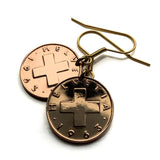 Switzerland Helvetia 2 Rappen coin earrings Swiss cross Zurich Bern Geneva Basel Lausanne Winterthur Lucerne St. Gallen Lugano Biel Bienne Thun Bellinzona Köniz La Chaux-de-Fonds Fribourg Lauterbrunnen Vernier Chur Uster Vaud Aargau Ticino e000578