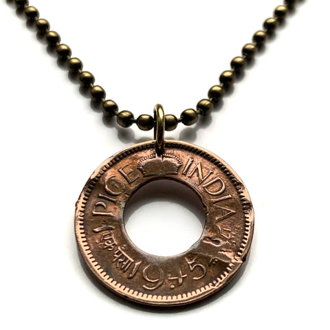 1945 British India 1 Pice coin pendant World War 2 era floral wreath Delhi Mumbai Bangalore Sarnath Varanasi Ganges Punjabi Hindi Hindu n000269