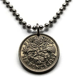 United Kingdom Great Britain 6 Pence coin pendant beach bridesmaid gift something old new English Tudor rose England Scottish thistle Scotland Irish shamrock Ireland Welsh leek Wales London Edinburgh Belfast Cardiff Manchester Bristol Newcastle n000085