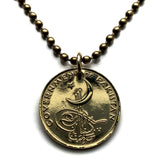 1957 Pakistan 1 Pice coin pendant crescent moon green star Tughra Karachi Lahore Faisalabad Rawalpindi Urdu Pashto Saraiki Iqbal n002156