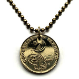 1957 Pakistan 1 Pice coin pendant crescent moon green star Tughra Karachi Lahore Faisalabad Rawalpindi Urdu Pashto Saraiki Iqbal n002156