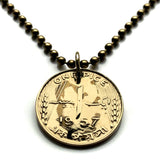 1957 Pakistan 1 Pice coin pendant crescent moon green star Tughra Karachi Lahore Faisalabad Rawalpindi Urdu Pashto Saraiki Iqbal n002156