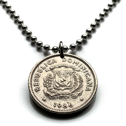 1986 República Dominicana Dominican Republic 5 Centavos coin pendant necklace escudo Dominicano Santo Domingo Santiago Quisqueya La Vega San Cristóbal Punta Cana Puerto Plata Zona Colonial Duarte Cap Cana Isla Saona Baní La Romana Boca Chica n001375