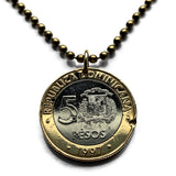 1997 Dominican Republic 5 Pesos coin pendant necklace jewelry Santo Domingo El Cibao Pico Duarte Cap Cana Saona Baní Moca caribbean beach n001438