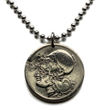 1926 Greece Hellas 1 Drachme coin pendant Hellenic Greek goddess Athena Pallas owl Athens Acropolis Thessaloniki Patras Piraeus Heraklion Larissa Volos Attica Crete Trikala Chalcis Sparta Serres Corfu Ioannina Santorini Rhodes Mykonos Macedonia n000623