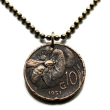 1931 Italy Italia 10 Centesimi coin pendant necklace honey bee bumble bee beekeeper honey farmers pollination beehive Roma Milan Florence Venice Verona Napoli Turin Palermo Parma Bergamo Pisa Matera Genoa Siena Modena Bari Sorrento Perugia Tuscany n000539