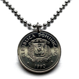 1990 Dominican Republic 25 Centavos coin pendant necklace jewelry escudo Dominicano Santo Domingo Santiago Cibao La Vega Ciudad Colonial San Pedro de Macorís La Romana Higüey Moca escudo bandera colgante n000668