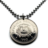 1990 Dominican Republic 25 Centavos coin pendant necklace jewelry escudo Dominicano Santo Domingo Santiago Cibao La Vega Ciudad Colonial San Pedro de Macorís La Romana Higüey Moca escudo bandera colgante n000668