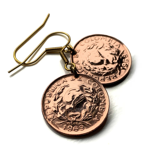 Colombia 5 Centavos coin earrings Jacobin cap Bogotá Medellín Cali Barranquilla Cartagena Cúcuta Bucaramanga Pereira Antioquia Valle del Cauca Quimbaya Santander Manizales Caldas Soledad e000243