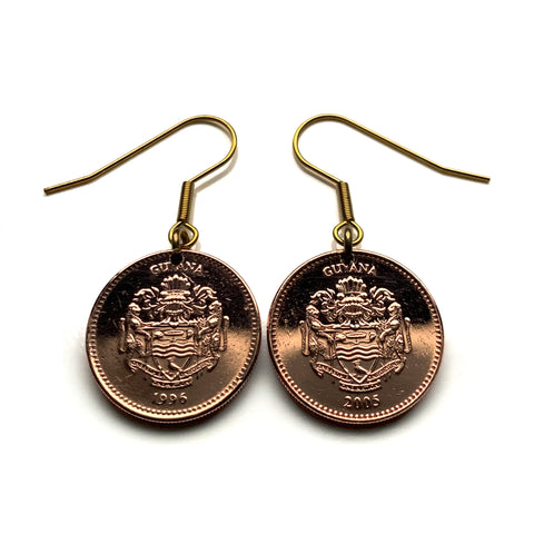 Guyana 5 Dollars coin earrings jaguars Cacique's Crown Georgetown British Guiana Anna Regina East Indian Berbice Sheriff Street e000694