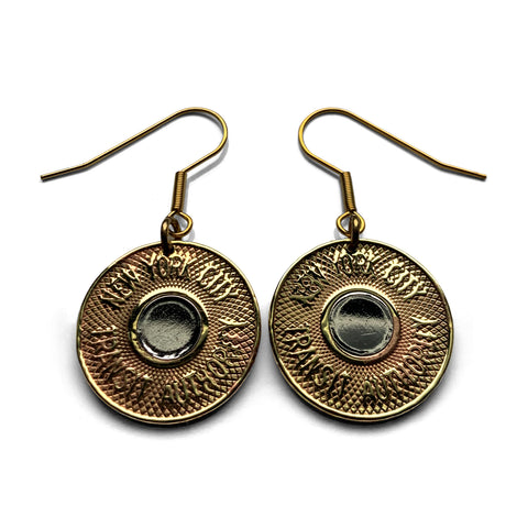 USA NYC 1986-1989 New York City Subway transit token coin earrings Manhattan Brooklyn Bronx Queens E F R trains railroad transportation e000251
