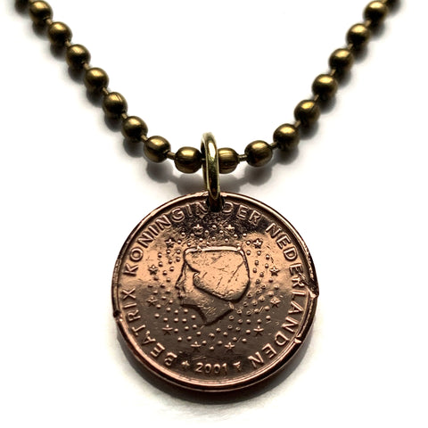 2001 Netherlands Nederland Holland 1 Euro Cent coin pendant Dutch Queen Beatrix Amsterdam Utrecht Rotterdam Hague Leiden Eindhoven n003953