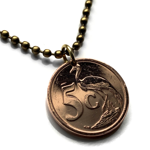 2005 South Africa 5 Cents coin pendant necklace jewelry blue Stanley paradise crane bird Cape Town Bantu Port Elizabeth Pretoria Johannesburg Bloemfontein Eastern Cape isiZulu Sotho Gauteng Kruger safari n000229