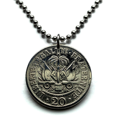 1907 Haiti 20 Centimes coin pendant Haitian flags cannons palm trees Port-au-Prince Cap-Haïtien Carrefour Delmas Pétion-Ville Port-de-Paix Croix des Bouquets Jacmel Léogâne Les Cayes Citadelle Laferrière Sans-Souci Palace Minot Artibonite Gonaïves n001600