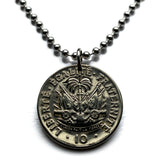 1970 Haiti 10 Centimes coin pendant necklace jewelry Haitian flags cannons palm tree Port-au-Prince Cap-Haïtien Carrefour Delmas Pétion-Ville Port-de-Paix Croix des Bouquets Jacmel Citadelle Laferrière French Léogâne n002407