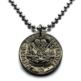 1970 Haiti 10 Centimes coin pendant necklace jewelry Haitian flags cannons palm tree Port-au-Prince Cap-Haïtien Carrefour Delmas Pétion-Ville Port-de-Paix Croix des Bouquets Jacmel Citadelle Laferrière French Léogâne n002407
