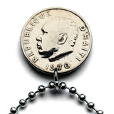 1970 Haiti 10 Centimes coin pendant necklace jewelry Haitian flags cannons palm tree Port-au-Prince Cap-Haïtien Carrefour Delmas Pétion-Ville Port-de-Paix Croix des Bouquets Jacmel Citadelle Laferrière French Léogâne n002407