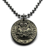 1970 Haiti 10 Centimes coin pendant necklace jewelry Haitian flags cannons palm tree Port-au-Prince Cap-Haïtien Carrefour Delmas Pétion-Ville Port-de-Paix Croix des Bouquets Jacmel Citadelle Laferrière French Léogâne n002407