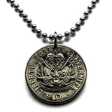 1970 Haiti 10 Centimes coin pendant necklace jewelry Haitian flags cannons palm tree Port-au-Prince Cap-Haïtien Carrefour Delmas Pétion-Ville Port-de-Paix Croix des Bouquets Jacmel Citadelle Laferrière French Léogâne n002407