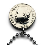 1970 Haiti 10 Centimes coin pendant necklace jewelry Haitian flags cannons palm tree Port-au-Prince Cap-Haïtien Carrefour Delmas Pétion-Ville Port-de-Paix Croix des Bouquets Jacmel Citadelle Laferrière French Léogâne n002407
