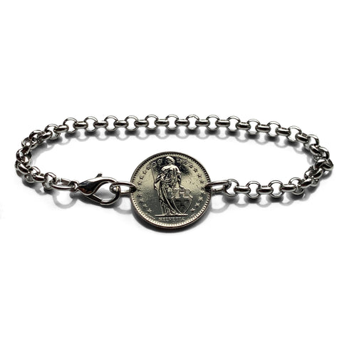 1982 Switzerland Helvetia 1/2 Franc coin bracelet Swiss cross Zurich Bern Geneva Basel Lausanne Winterthur Lucerne St. Gallen Lugano b000198