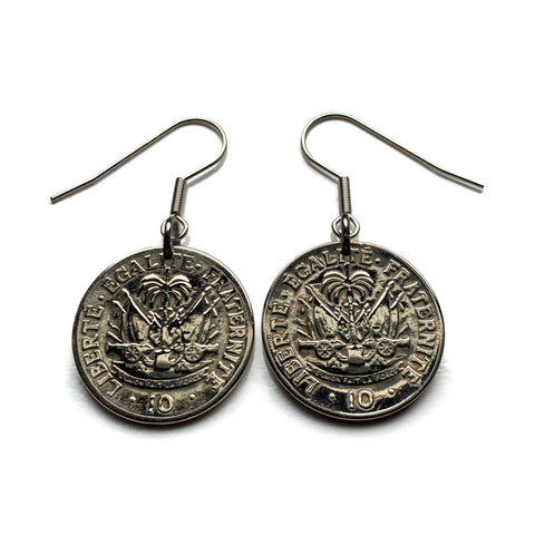 Haiti 10 Centimes coin earrings jewelry Haitian flags cannons palm tree Port-au-Prince Cap-Haïtien Carrefour Delmas Pétion-Ville Port-de-Paix Croix des Bouquets Jacmel Citadelle Laferrière French Léogâne e000648