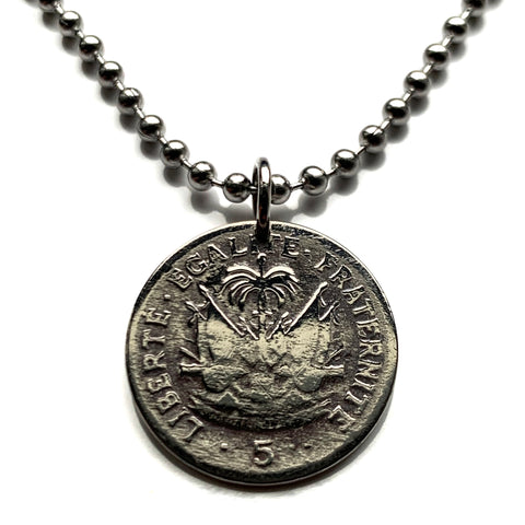 1949 Haiti 5 Cent coin pendant Haitian flags cannons palm trees Paul Magloire Port-au-Prince Cap-Haïtien Carrefour Delmas Pétion-Ville Port-de-Paix Croix des Bouquets Jacmel Léogâne Cayes Citadelle Laferrière Sans-Souci Minot Artibonite Gonaïves n003856