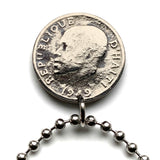 1949 Haiti 5 Cent coin pendant Haitian flags cannons palm trees Paul Magloire Port-au-Prince Cap-Haïtien Carrefour Delmas Pétion-Ville Port-de-Paix Croix des Bouquets Jacmel Léogâne Cayes Citadelle Laferrière Sans-Souci Minot Artibonite Gonaïves n003856