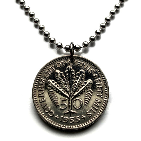 1955 British Cyprus 50 mils coin pendant Cypriot Fern Leaves Nicosia Limassol Strovolos Larnaca Famagusta Lakatamia Kyrenia Paphos n000786