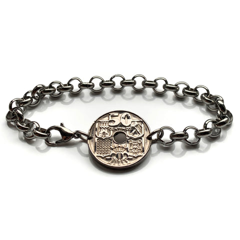 1949 España Spain 50 Centimos coin bracelet escudo Español ship anchor rudder Madrid Barcelona Murcia Asturias Cataluña Las Palmas Vigo b000187
