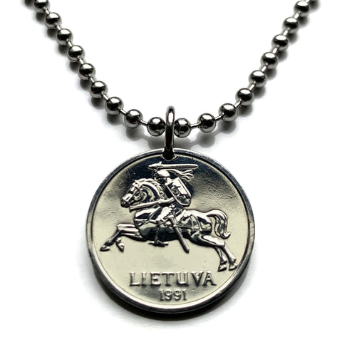 1991 Lithuania Lietuva 1 Centas coin pendant necklace Vytis horse armored knight Vilnius medieval Lithuanian equestrian sword Vityaz n002688