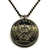 2000 Guatemala 1 Quetzal coin pendant necklace fashion jewelry Resplendent Quetzal bird Paz Firme y Duradera Mixco Villa Nueva Escuintla Huehuetenango Jutiapa Petapa Tikal Quiriguá Mayas n003227