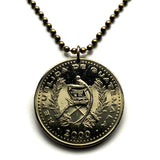 2000 Guatemala 1 Quetzal coin pendant necklace fashion jewelry Resplendent Quetzal bird Paz Firme y Duradera Mixco Villa Nueva Escuintla Huehuetenango Jutiapa Petapa Tikal Quiriguá Mayas n003227