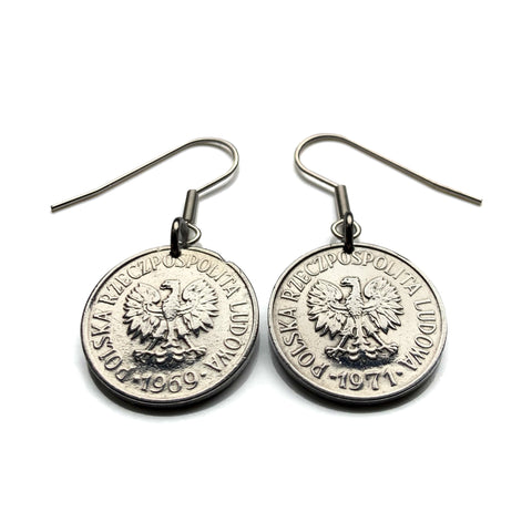 Poland Polska 20 Groszy coin earrings white Polish eagle Poles Warsaw Krakow Poznan Polak Gdansk West Slavs Oswiecim Wawel Castle e000698