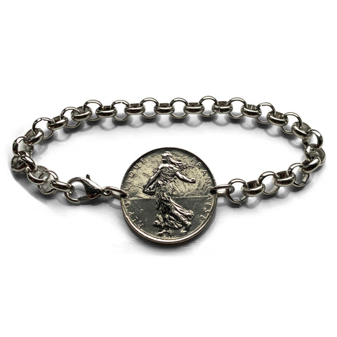 1977 France 1 Franc coin bracelet La Semeuse Sower & Seed Paris Lyon Marseille Lille Toulouse Bordeaux Nantes Strasbourg Montpellier b000190
