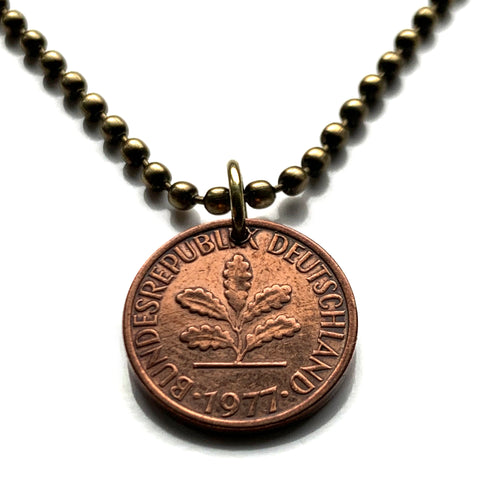 1977 Germany Deutschland 1 Pfennig coin pendant oak seedling tree planting gardening Berlin Hamburg Munich Cologne Frankfurt Stuttgart Düsseldorf Bavaria Dortmund Leipzig Bremen Dresden Bonn n000530