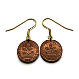 1986 Germany Deutschland 1 Pfennig coin earrings oak tree seedling planting gardening Berlin Munich Stuttgart Hamburg Cologne Bonn e000699